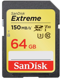 Карта памяти  SD  64 Gb Sandisk SDXC Extreme, class 10, 150Mb/s, V30 UHS-I U3 (SDSDXV6-064G-GNCIN)