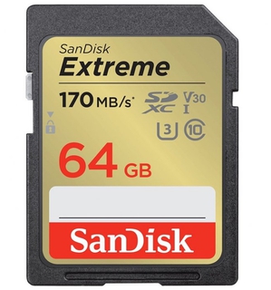 Карта памяти  SD  64 Gb Sandisk SDXC Extreme, class 10, 170Mb/s, V30 UHS-I U3 (SDSDXV2-064G-GNCIN)