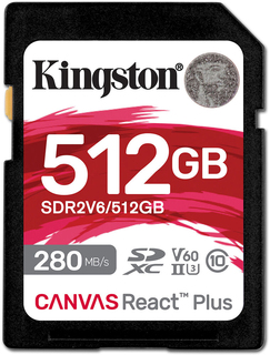 Карта памяти  SD 512 Gb Kingston SDXC UHS-II U3 V60 Canvas React Plus R/ W 280/ 150MB/ s (SDR2V6/ 512GB)